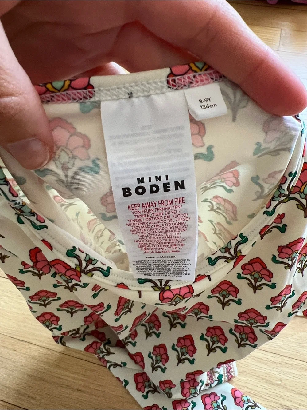 Mini Boden Rashguard Two-Piece Swim Set in Cream with Pink Floral Block Print